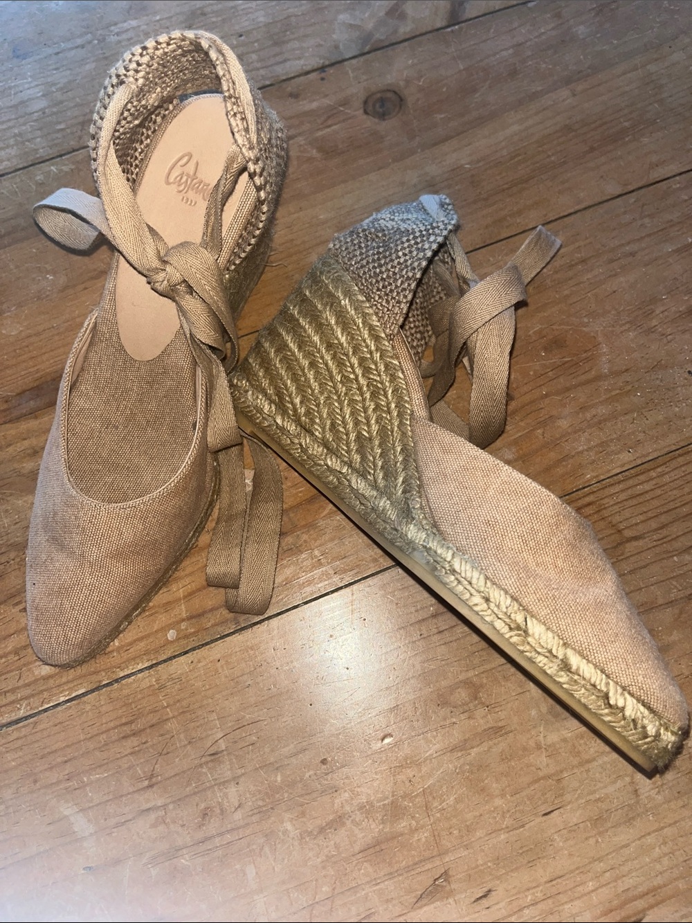 Castaner Taupe / Tan Canvas Espadrille Wedge with Ankle Tie